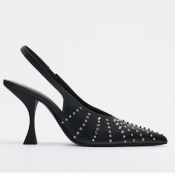 Zara Sexy Edgy Studded Sling Back Heels Black Size 36 - Picture 4 of 11
